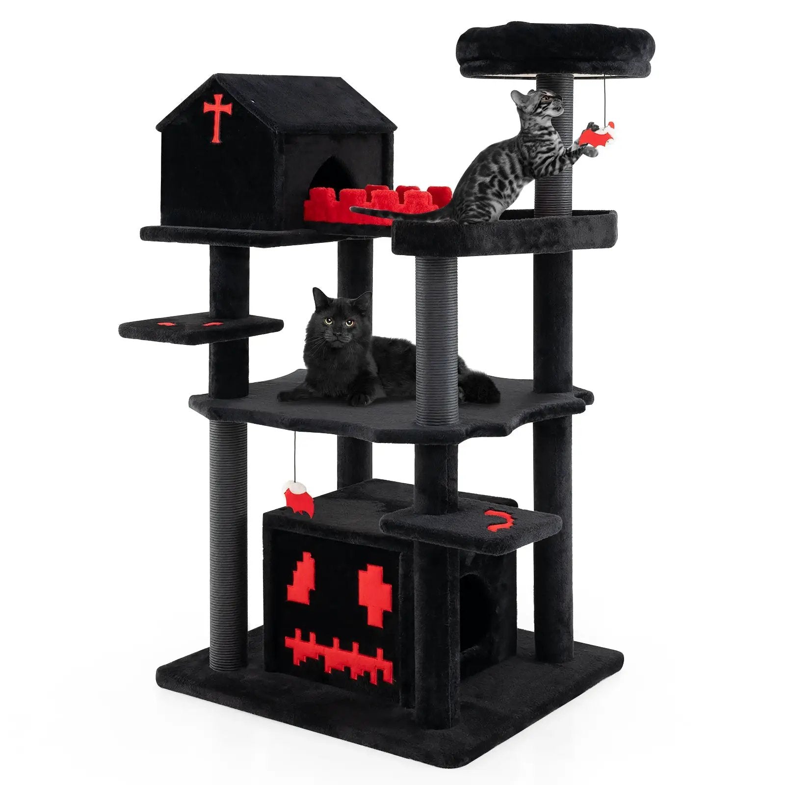 Gothic Cat Tree 49 Inch Tall Cat Tower 6-Tier Cat Activity Center with Coffin Bed-Black by DirectDeals
