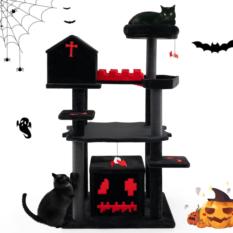 Gothic Cat Tree 49 Inch Tall Cat Tower 6-Tier Cat Activity Center with Coffin Bed-Black by DirectDeals