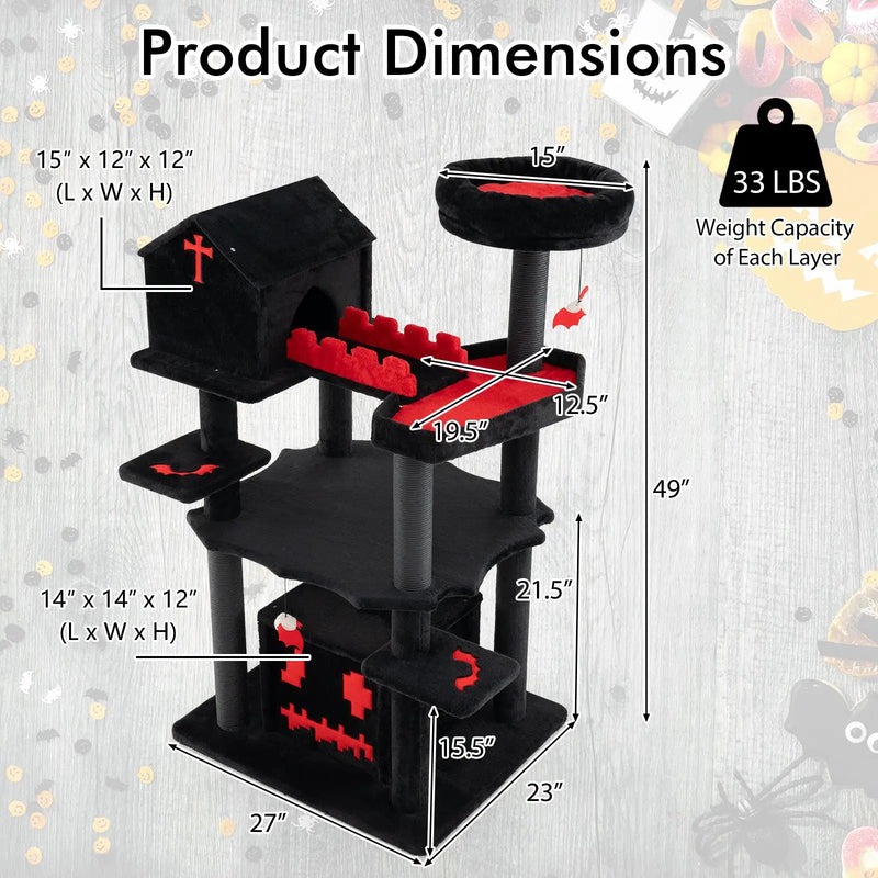 Gothic Cat Tree 49 Inch Tall Cat Tower 6-Tier Cat Activity Center with Coffin Bed-Black by DirectDeals