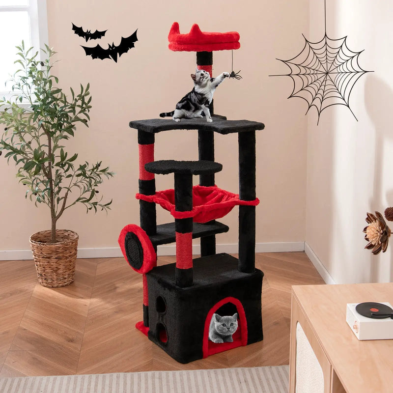 Gothic Cat Tree with Plush Perch and Spider Dangling Toy-Black & Red by DirectDeals
