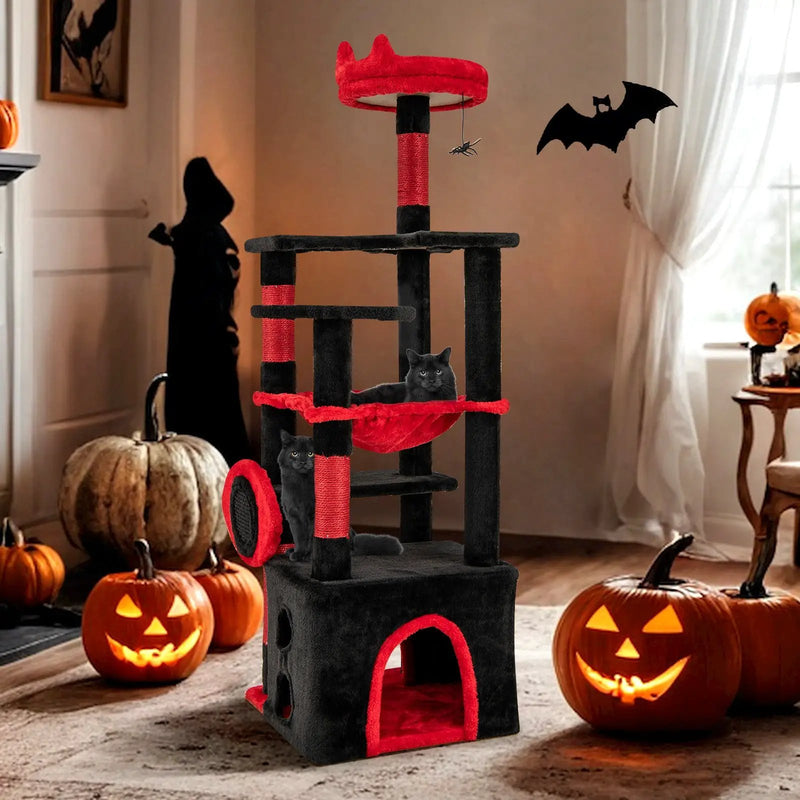 Gothic Cat Tree with Plush Perch and Spider Dangling Toy-Black & Red by DirectDeals