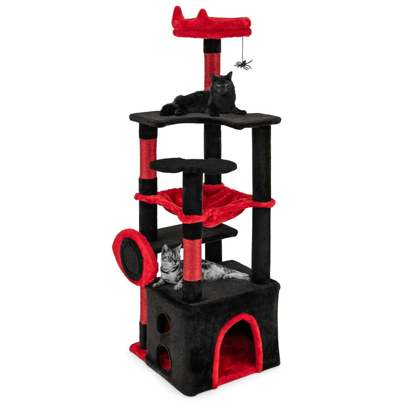 Gothic Cat Tree with Plush Perch and Spider Dangling Toy-Black & Red by DirectDeals
