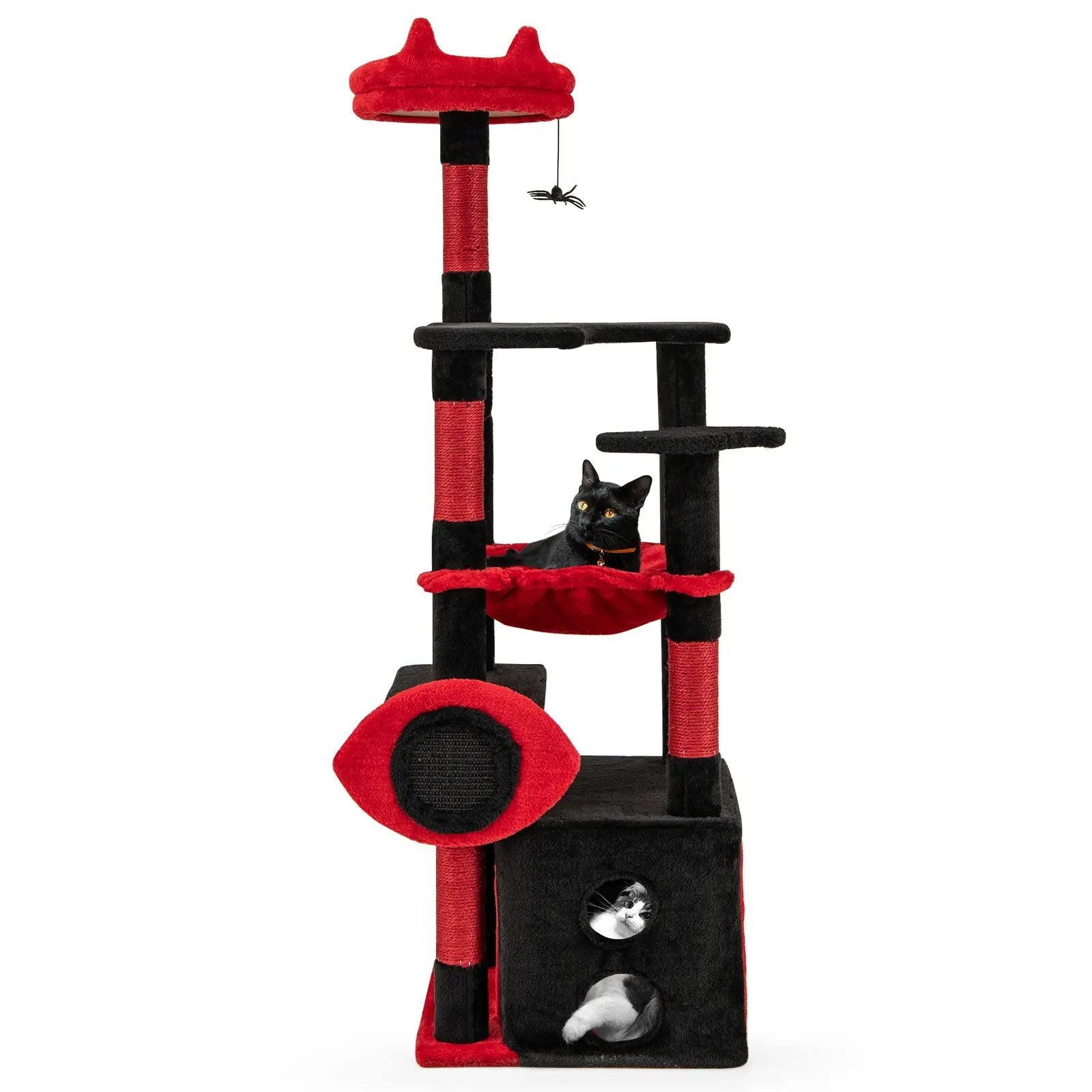 Gothic Cat Tree with Plush Perch and Spider Dangling Toy-Black & Red by DirectDeals