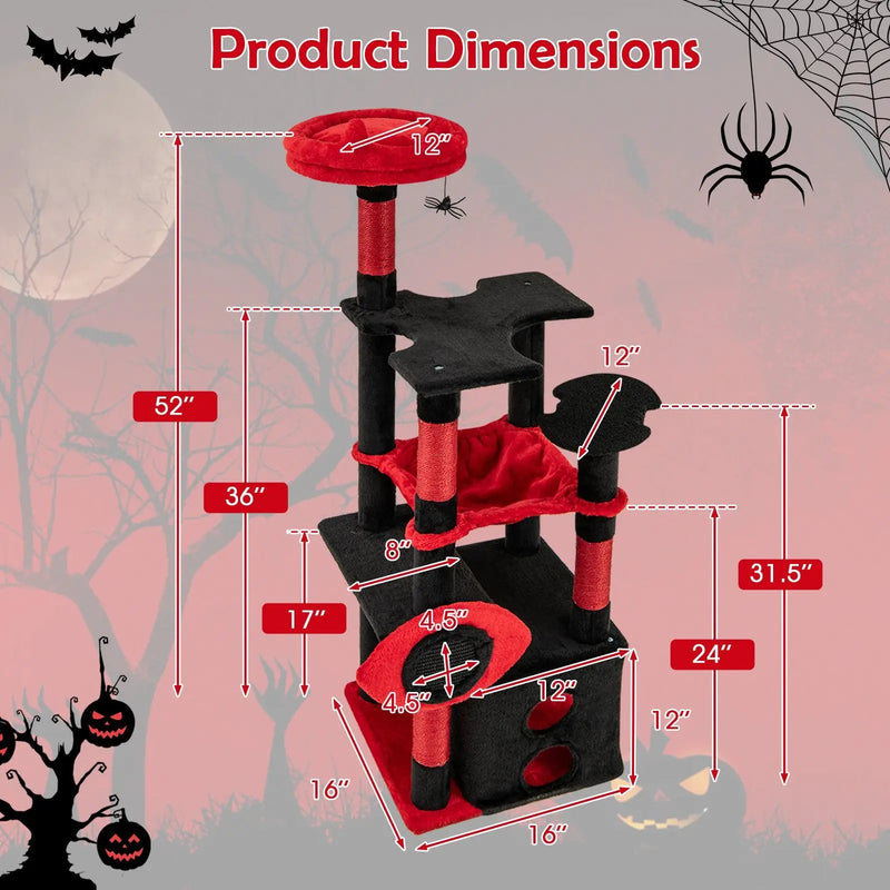 Gothic Cat Tree with Plush Perch and Spider Dangling Toy-Black & Red by DirectDeals