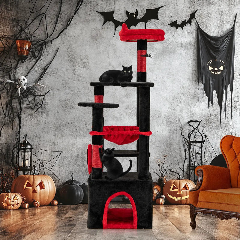 Gothic Cat Tree with Plush Perch and Spider Dangling Toy-Black & Red by DirectDeals