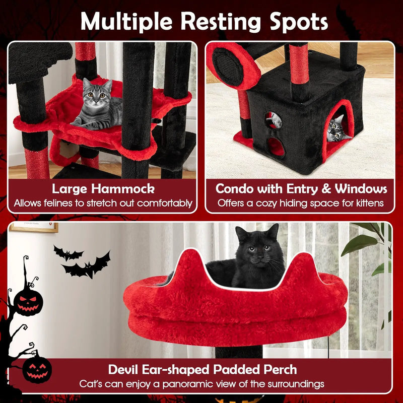 Gothic Cat Tree with Plush Perch and Spider Dangling Toy-Black & Red by DirectDeals