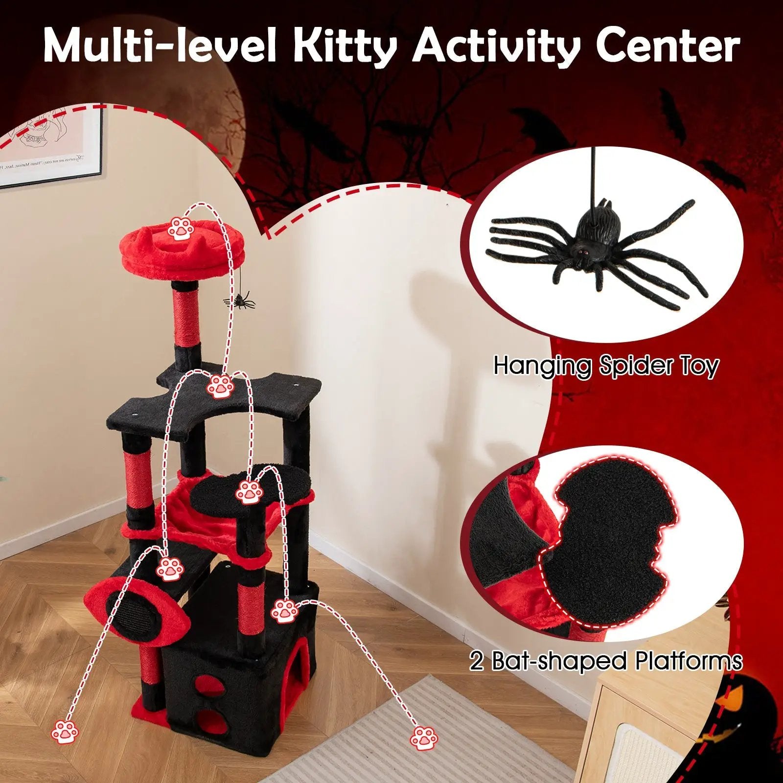 Gothic Cat Tree with Plush Perch and Spider Dangling Toy-Black & Red by DirectDeals