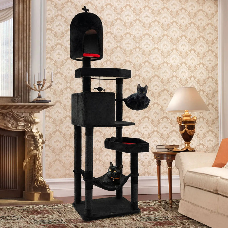 Gothic Cat Tree with 2 Cat Condos and Coffin Bed for Indoor Cats-Black by DirectDeals