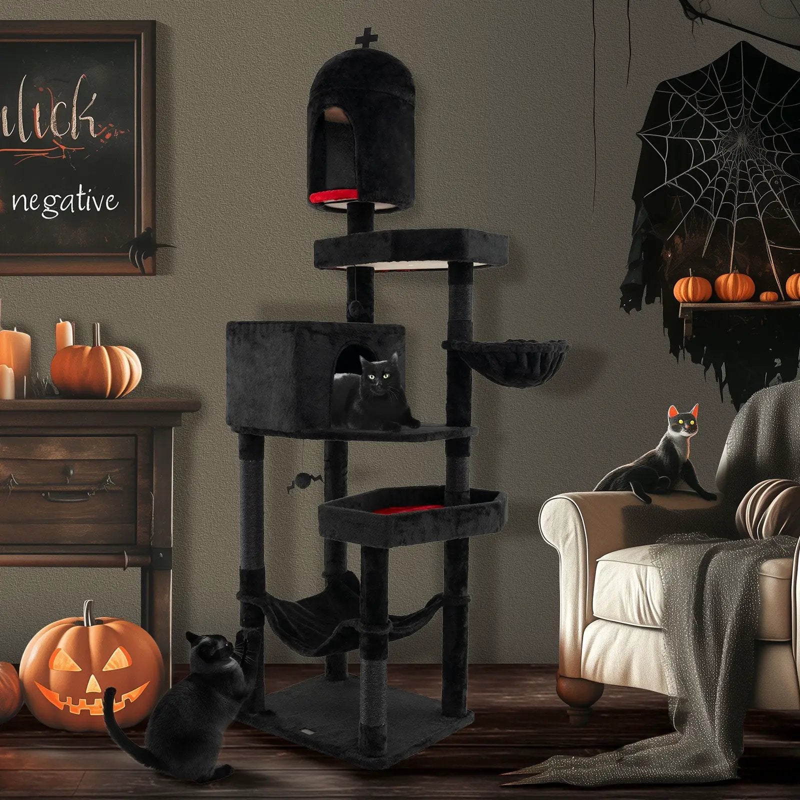 Gothic Cat Tree with 2 Cat Condos and Coffin Bed for Indoor Cats-Black by DirectDeals