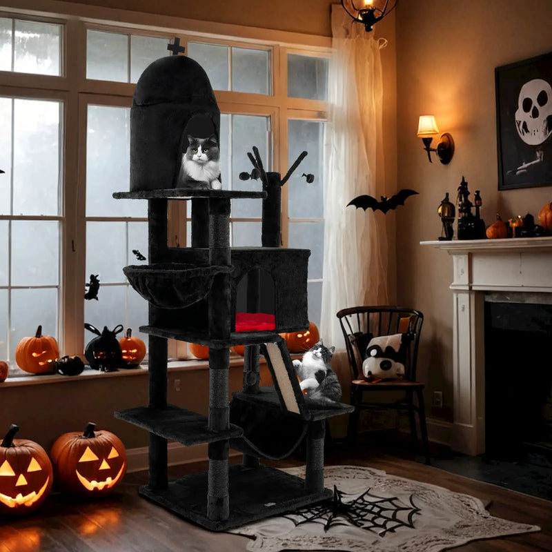 Gothic Cat Tree with 2 Cat Condos and Spooky Dangling Ball for Indoor Cats-Black by DirectDeals