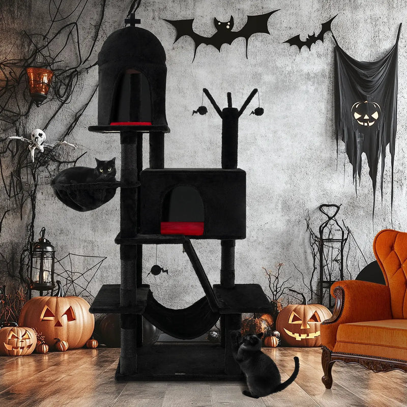 Gothic Cat Tree with 2 Cat Condos and Spooky Dangling Ball for Indoor Cats-Black by DirectDeals