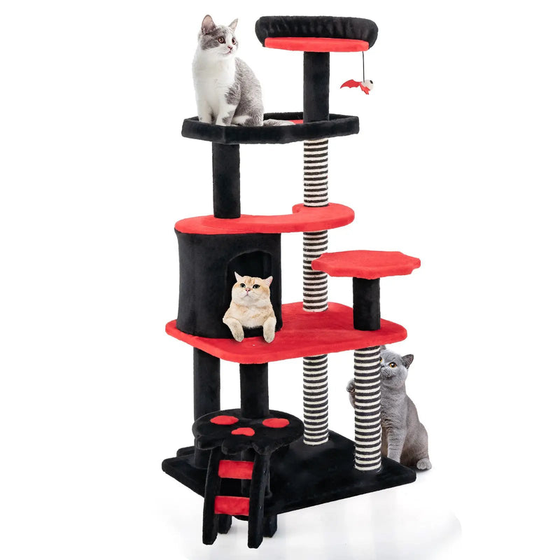 Gothic Cat Tree with Cat Bed Cat Condo and Sisal Scratching Post-Black & Red by DirectDeals