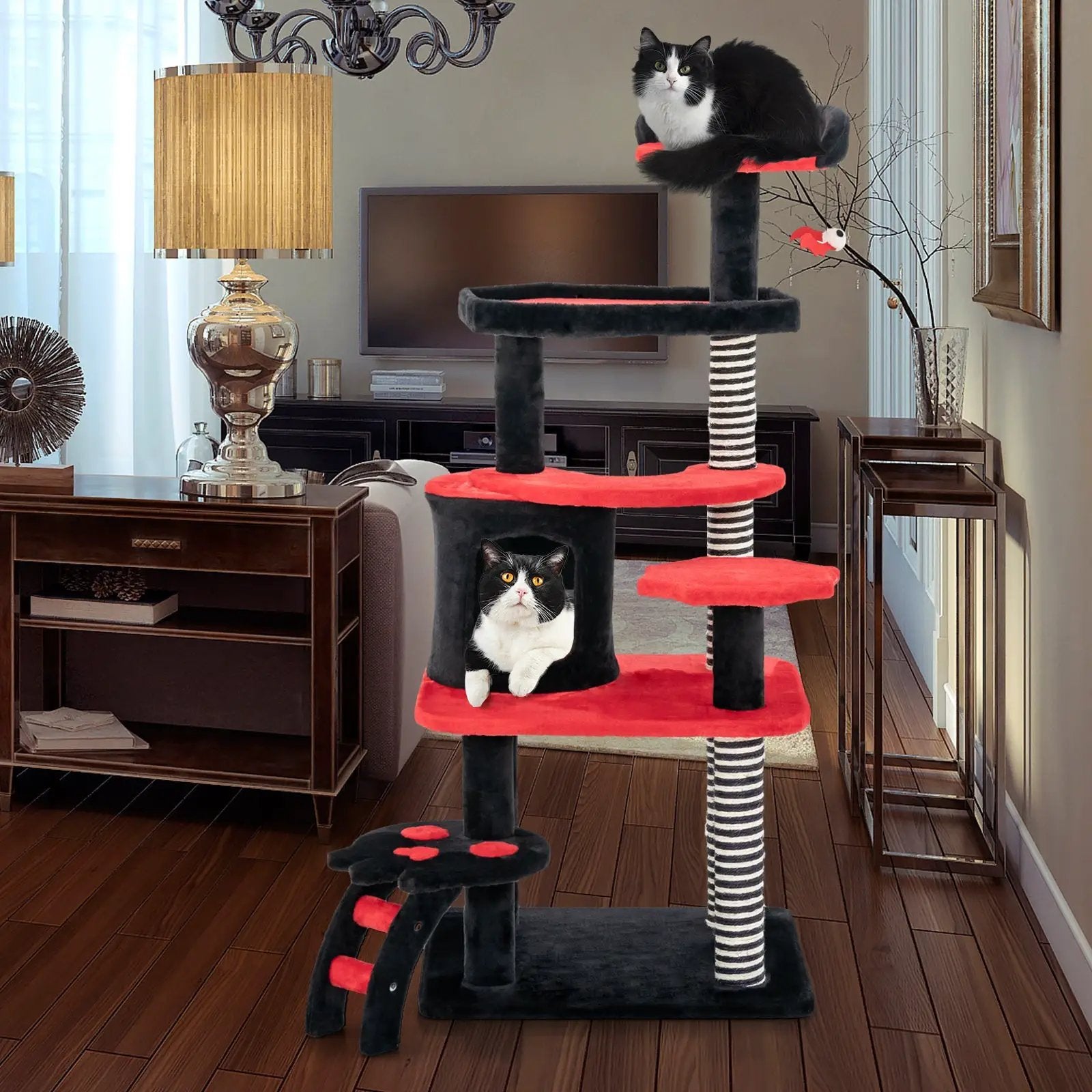 Gothic Cat Tree with Cat Bed Cat Condo and Sisal Scratching Post-Black & Red by DirectDeals