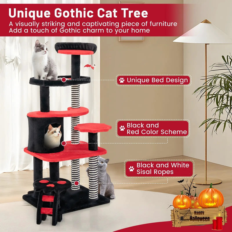 Gothic Cat Tree with Cat Bed Cat Condo and Sisal Scratching Post-Black & Red by DirectDeals