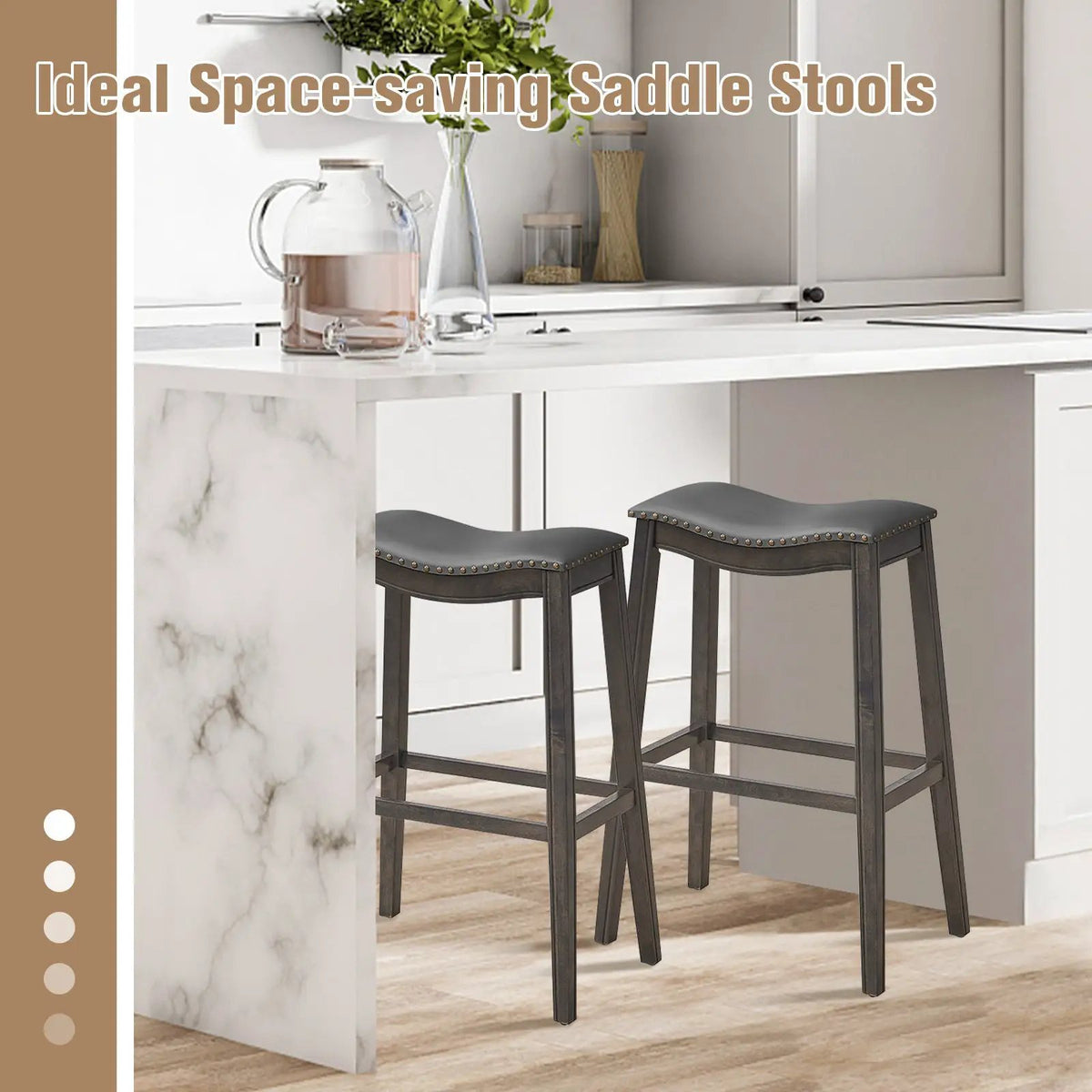 29 Inch Set of 2 Backless Wood Nailhead Barstools with PVC Leather Seat by DirectDeals