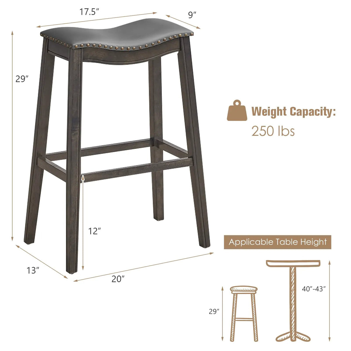 29 Inch Set of 2 Backless Wood Nailhead Barstools with PVC Leather Seat by DirectDeals