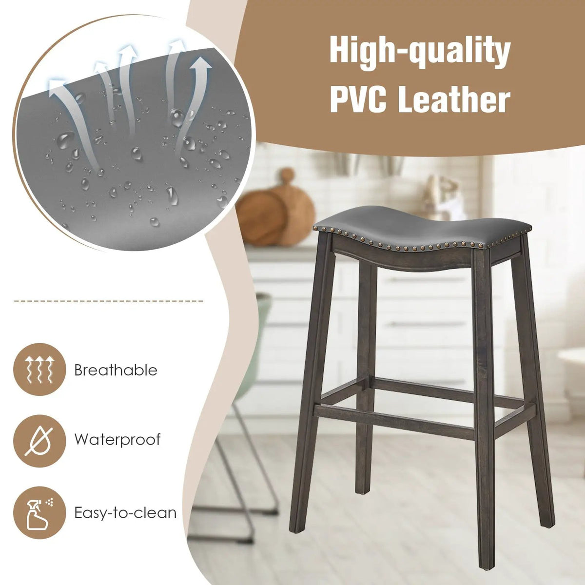 29 Inch Set of 2 Backless Wood Nailhead Barstools with PVC Leather Seat by DirectDeals