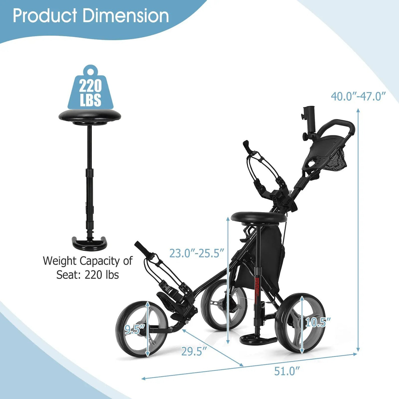 3 Wheels Folding Golf Push Cart with Seat Scoreboard and Adjustable Handle by DirectDeals