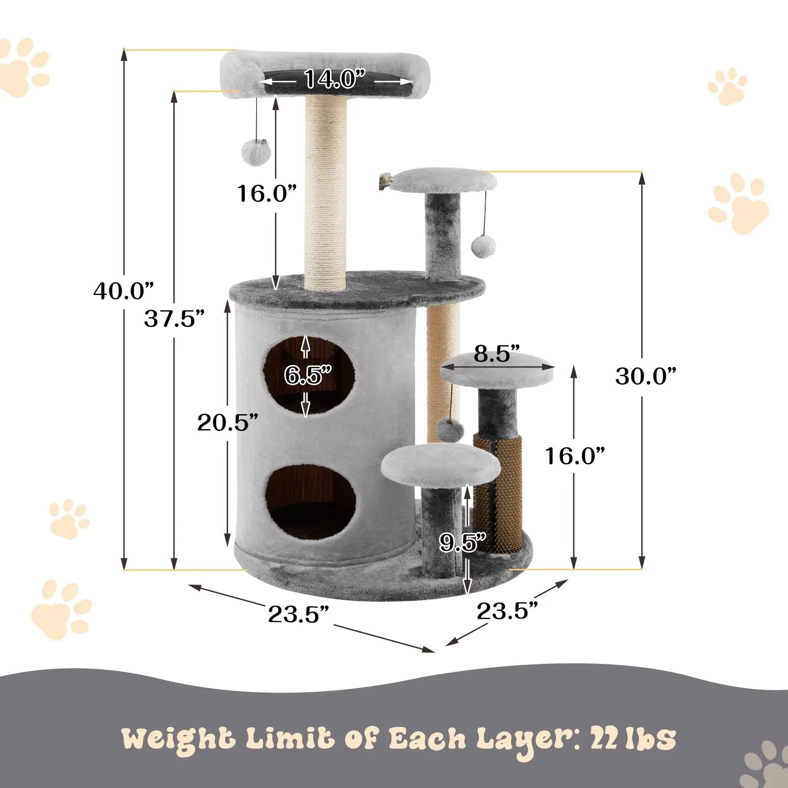 40 Inch Cat Tree Tower Multi-Level Activity Tree with 2-Tier Cat-Hole Condo-Gray by DirectDeals
