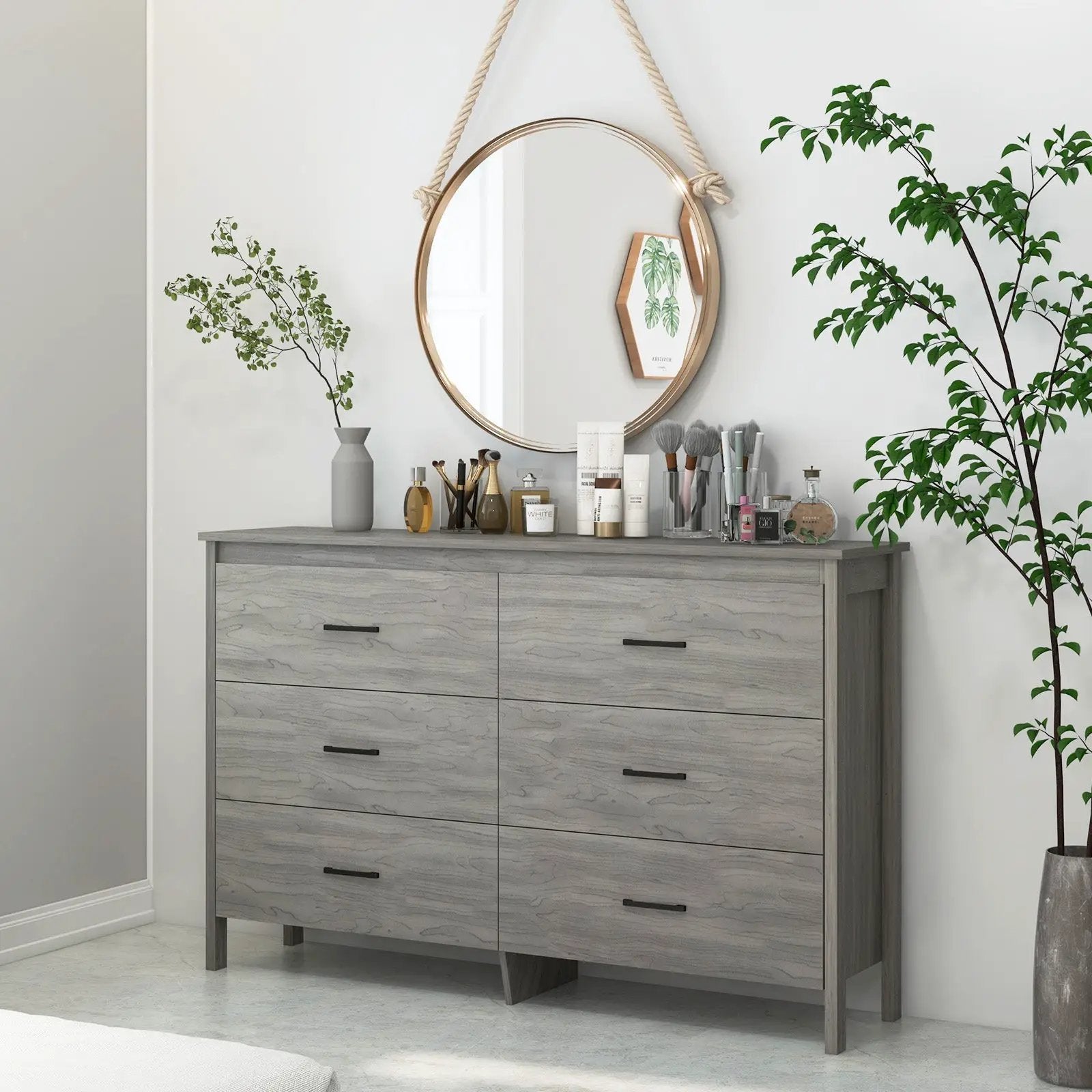 6-Drawer Wide Dresser Chest with Center Support and Anti-tip Kit-Gray by DirectDeals