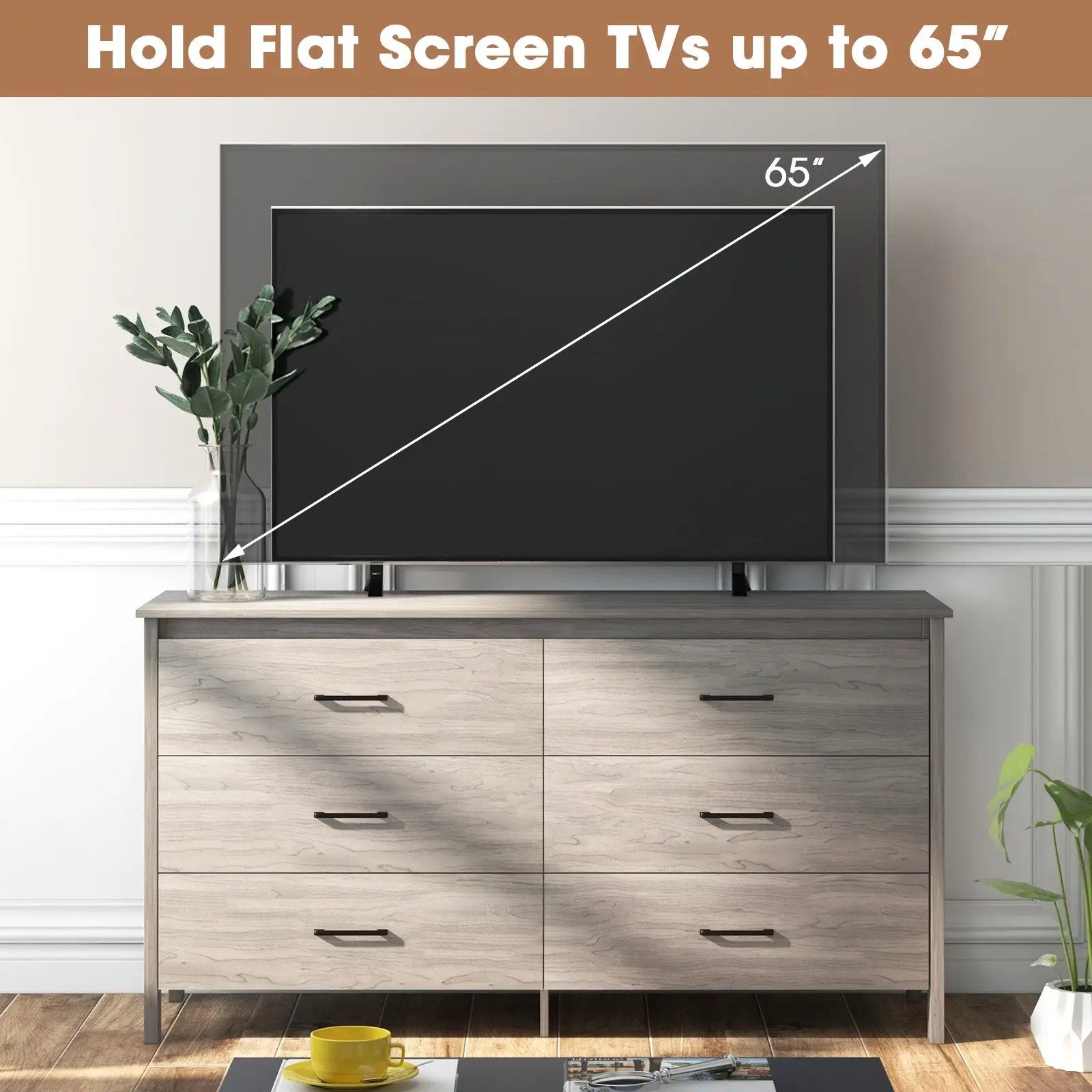 6-Drawer Wide Dresser Chest with Center Support and Anti-tip Kit-Gray by DirectDeals