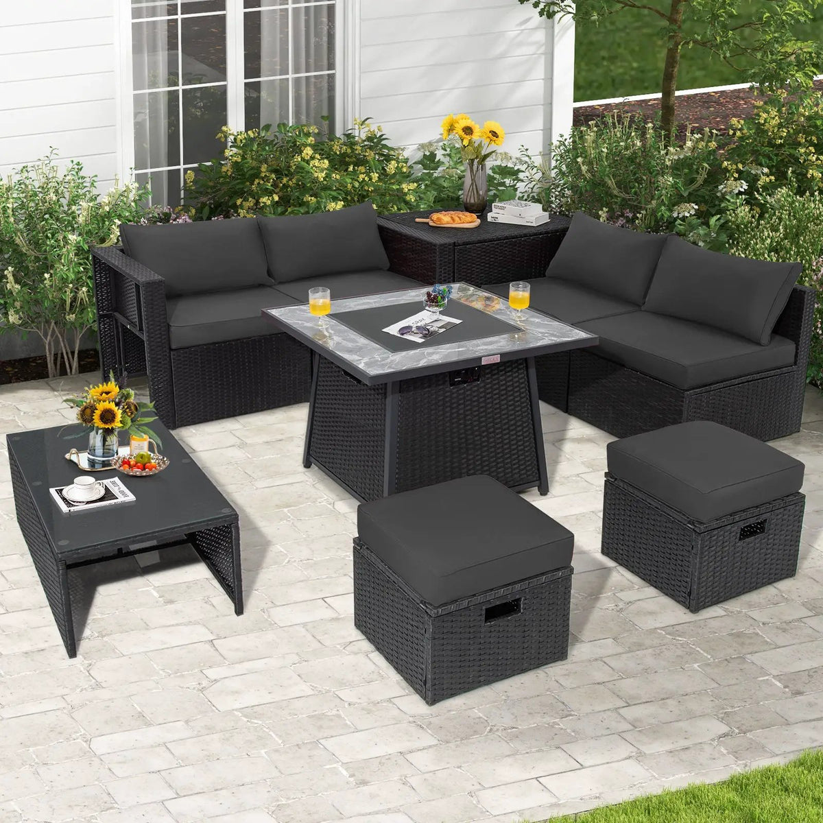 9 Pieces Outdoor Wicker Sectional with 35 Inch Gas Fire Pit Table by DirectDeals