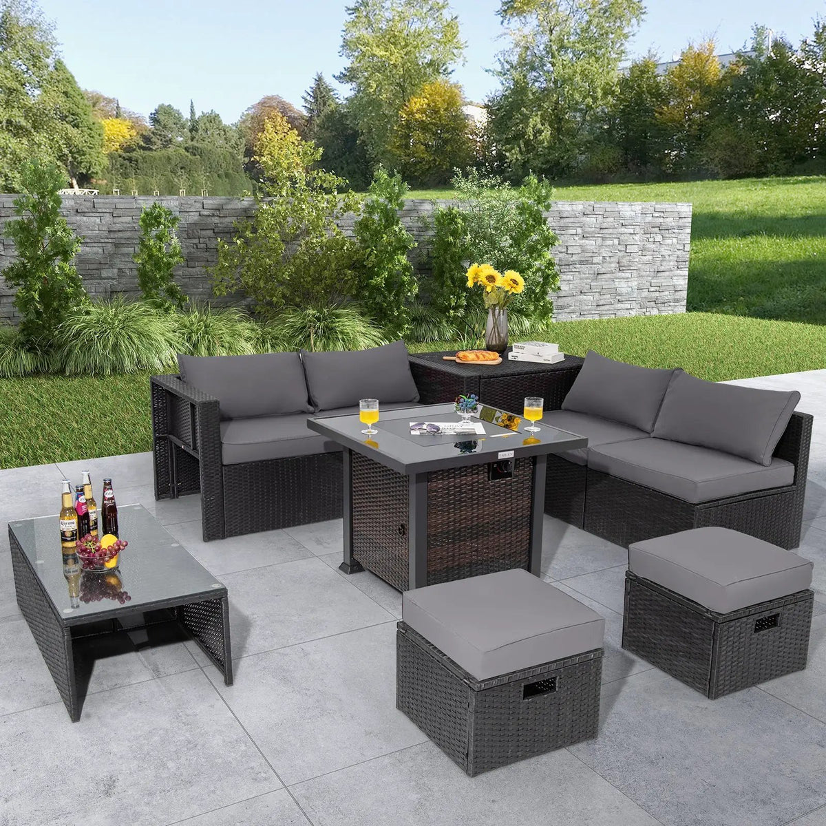 9 Pieces Patio Furniture Set with 32‚Äù Fire Pit Table and 50000 BTU Square Propane Fire Pit by DirectDeals
