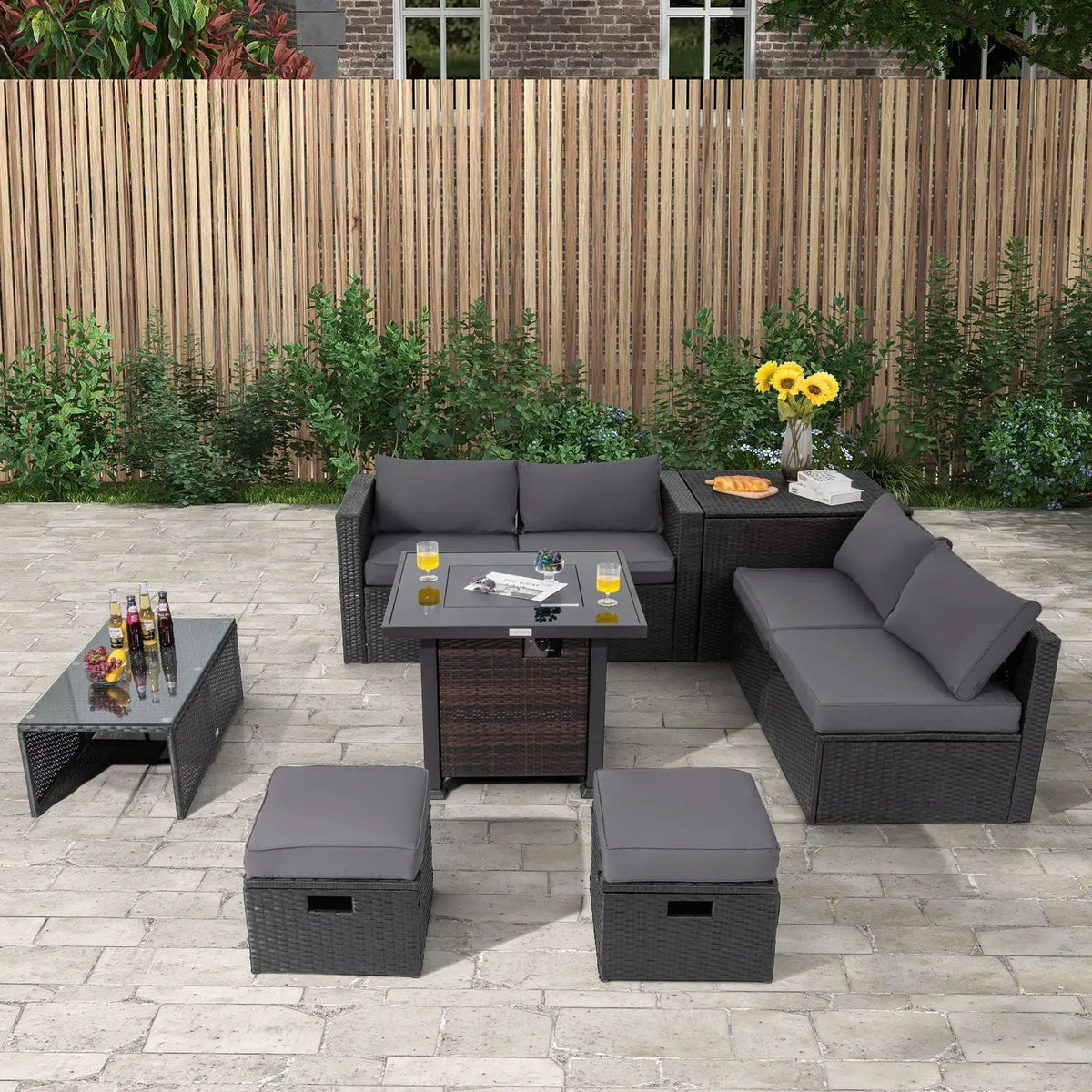 9 Pieces Patio Furniture Set with 32‚Äù Fire Pit Table and 50000 BTU Square Propane Fire Pit by DirectDeals