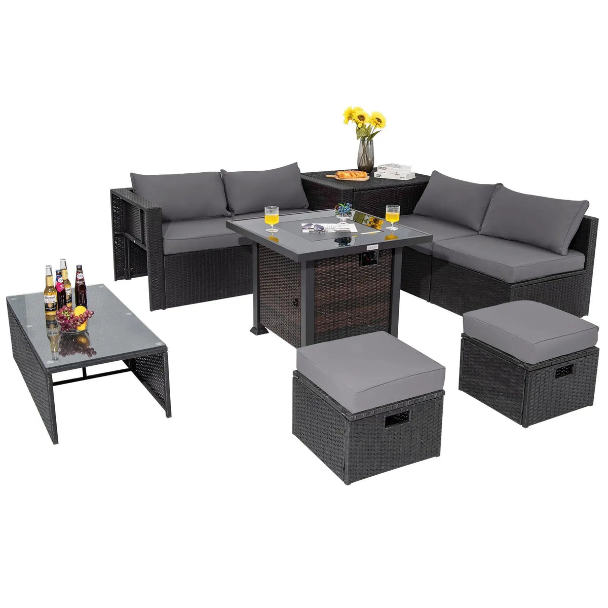 9 Pieces Patio Furniture Set with 32‚Äù Fire Pit Table and 50000 BTU Square Propane Fire Pit by DirectDeals