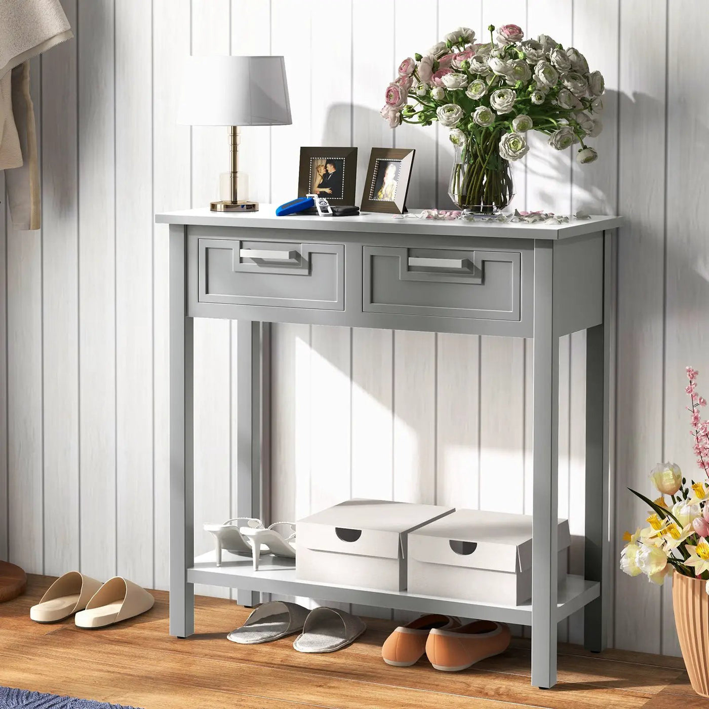 Narrow Console Table with Drawers and Open Storage Shelf by DirectDeals