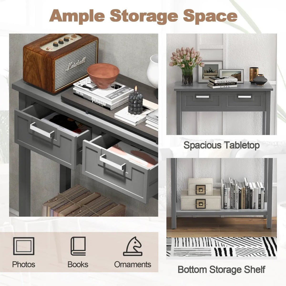Narrow Console Table with Drawers and Open Storage Shelf by DirectDeals