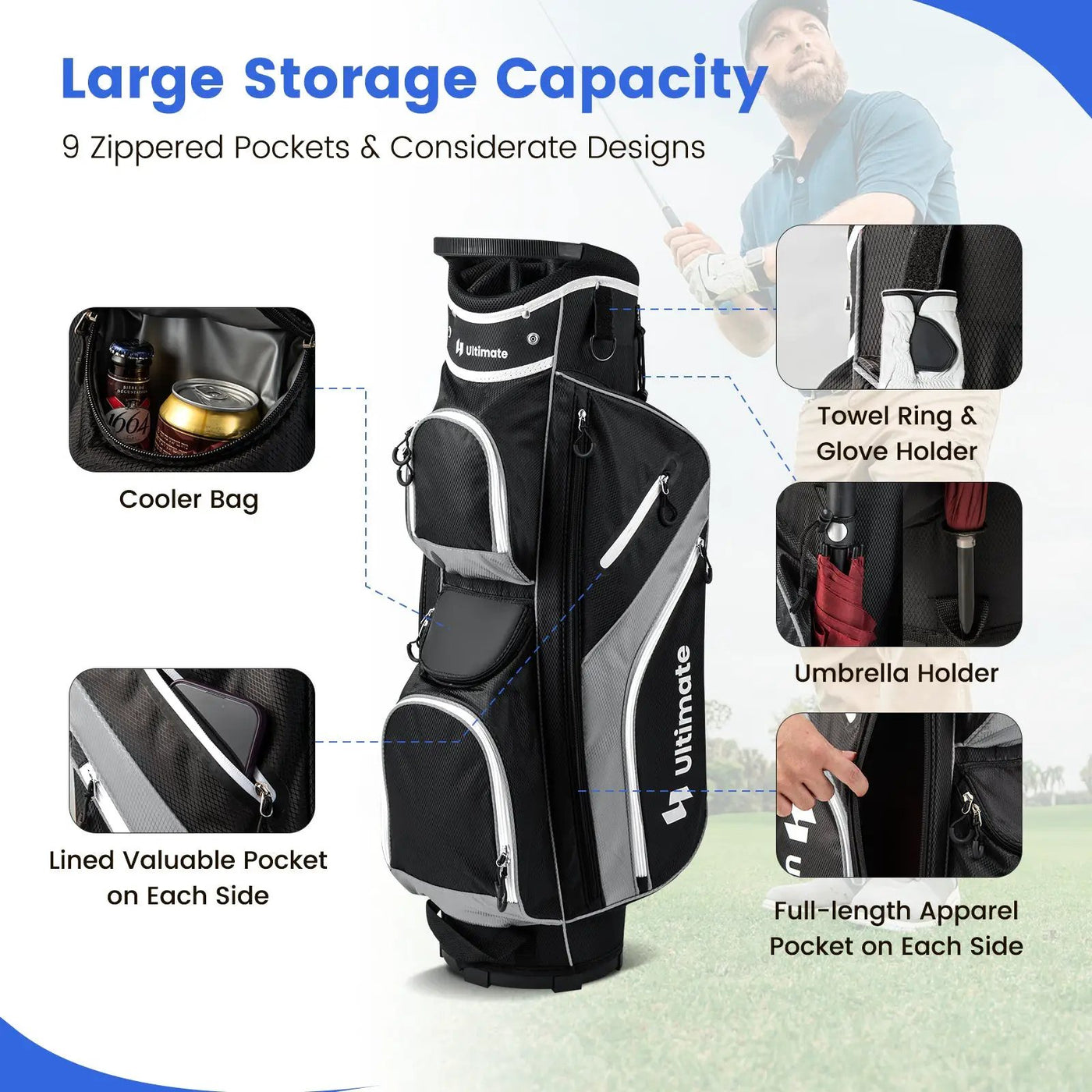 Golf Cart Bag with 14 Way Top Dividers by DirectDeals