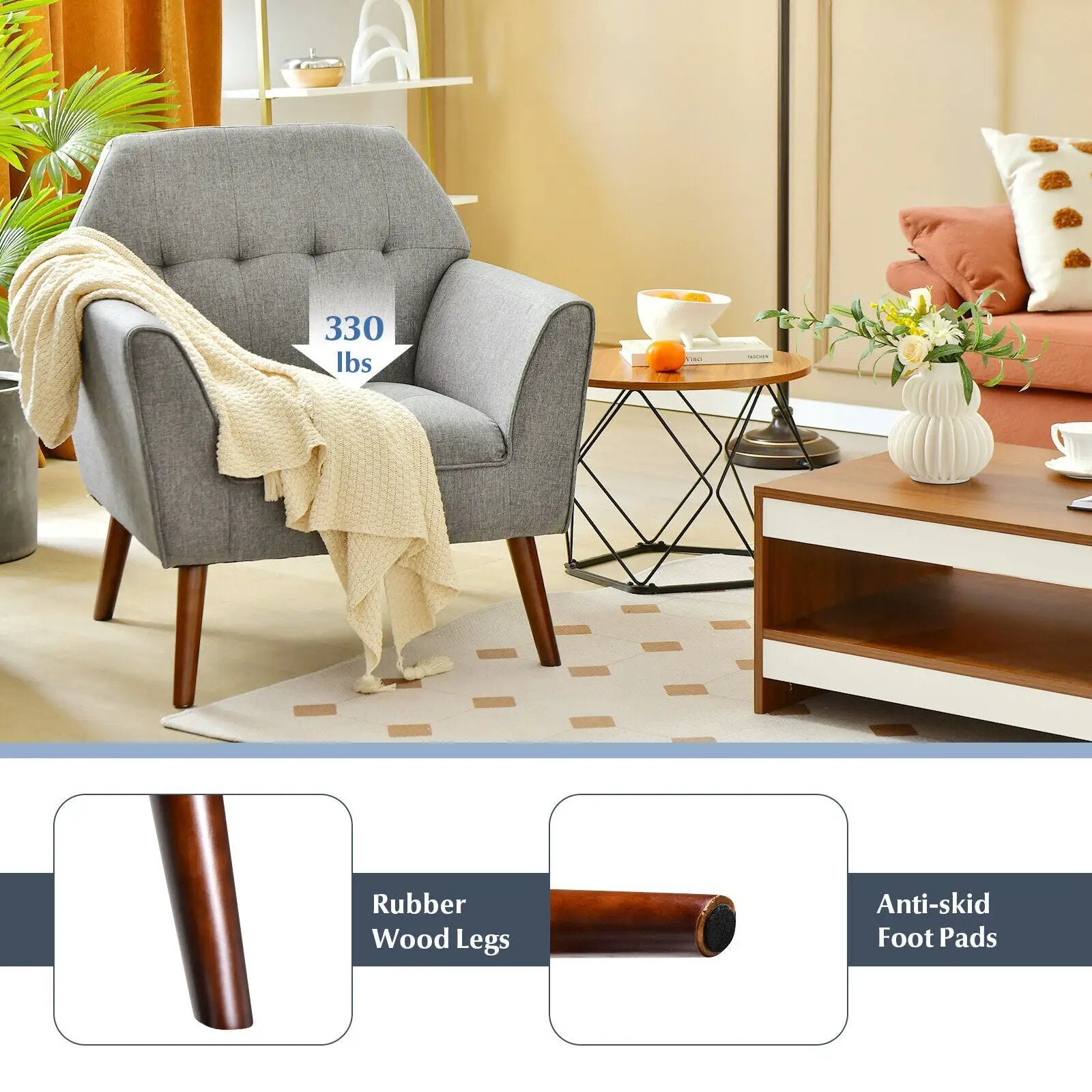 Modern Tufted Fabric Accent Chair with Rubber Wood Legs by DirectDeals