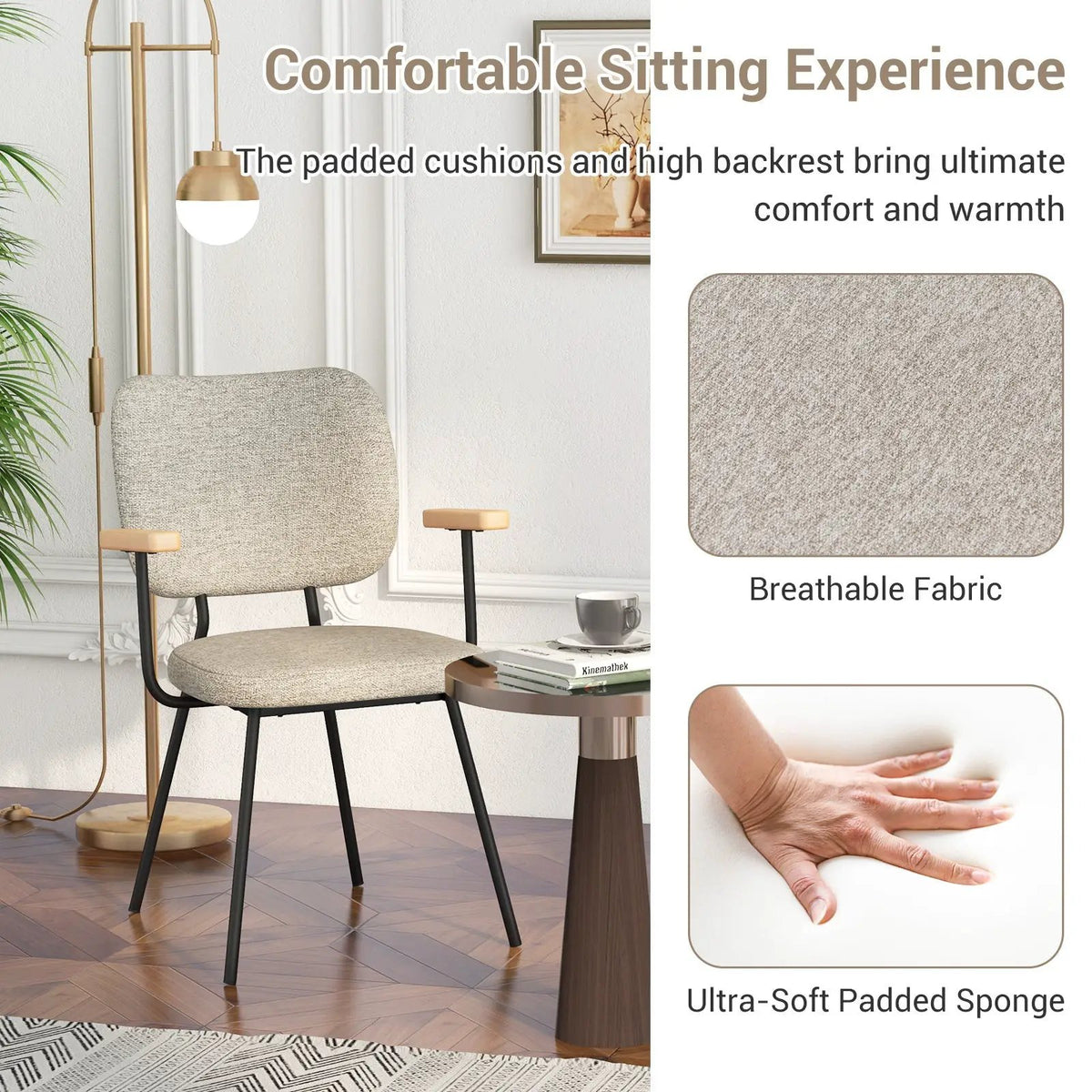 Set of 2 Modern Fabric Dining Chairs with Armrest and Curved Backrest by DirectDeals
