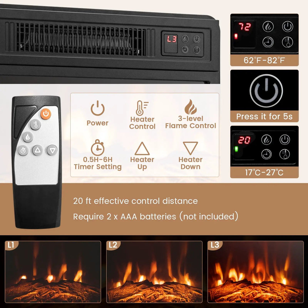 Fireplace Corner TV Stand with LED Lights and Smart APP Control for 50 Inches TV by DirectDeals