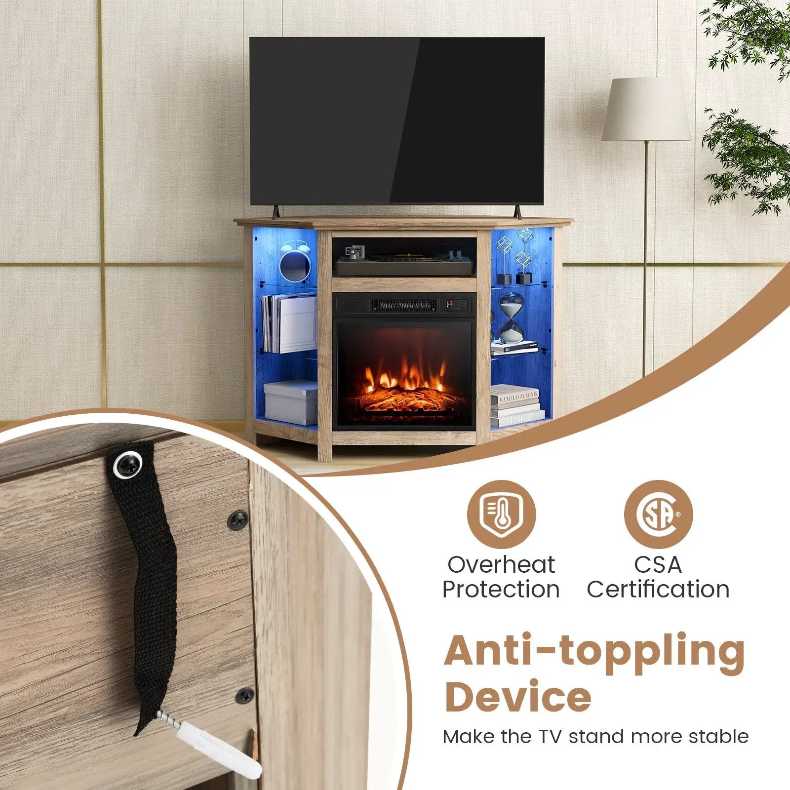Fireplace Corner TV Stand with LED Lights and Smart APP Control for 50 Inches TV by DirectDeals