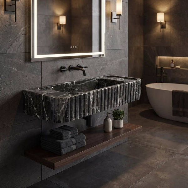 Green Levanto Marble Rectangular Wall Mount Fluted Bathroom Sink