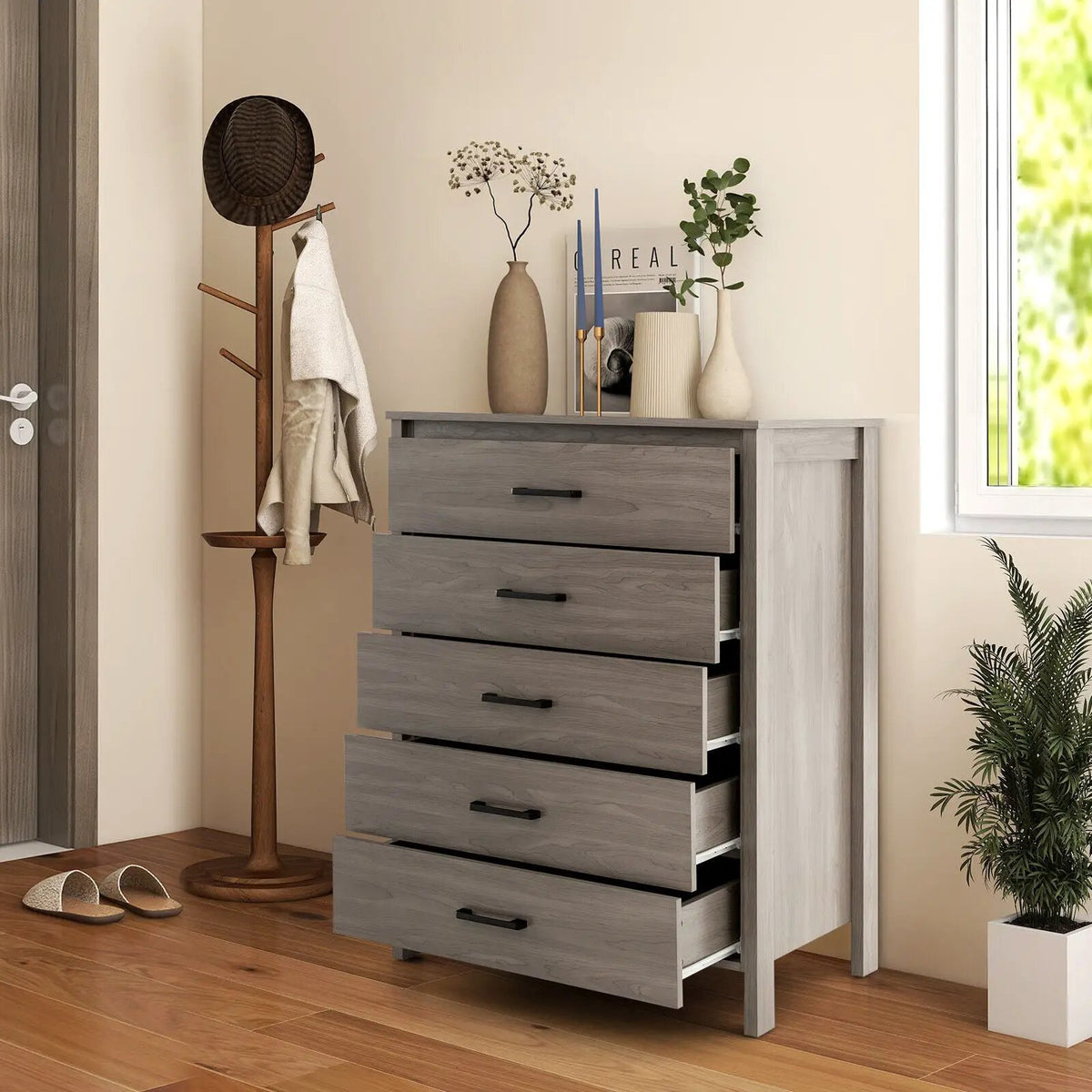Modern 5-Drawer Multipurpose Chest Dresser with Metal Handles by DirectDeals