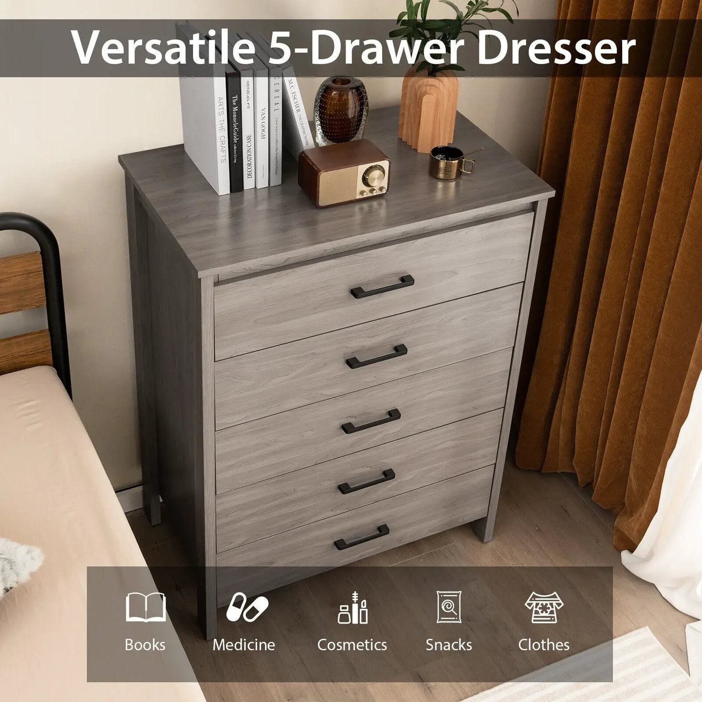 Modern 5-Drawer Multipurpose Chest Dresser with Metal Handles by DirectDeals