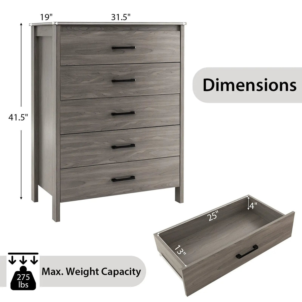 Modern 5-Drawer Multipurpose Chest Dresser with Metal Handles by DirectDeals