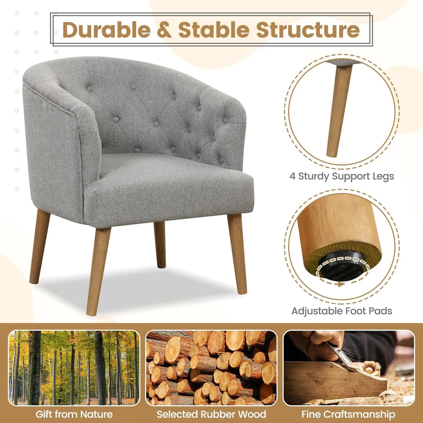 Upholstered Tub Chair with Solid Rubber Wood Legs and Adjustable Foot Pads for Living Room-Gray by DirectDeals