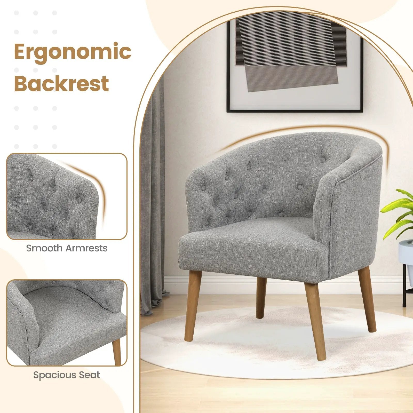 Upholstered Tub Chair with Solid Rubber Wood Legs and Adjustable Foot Pads for Living Room-Gray by DirectDeals