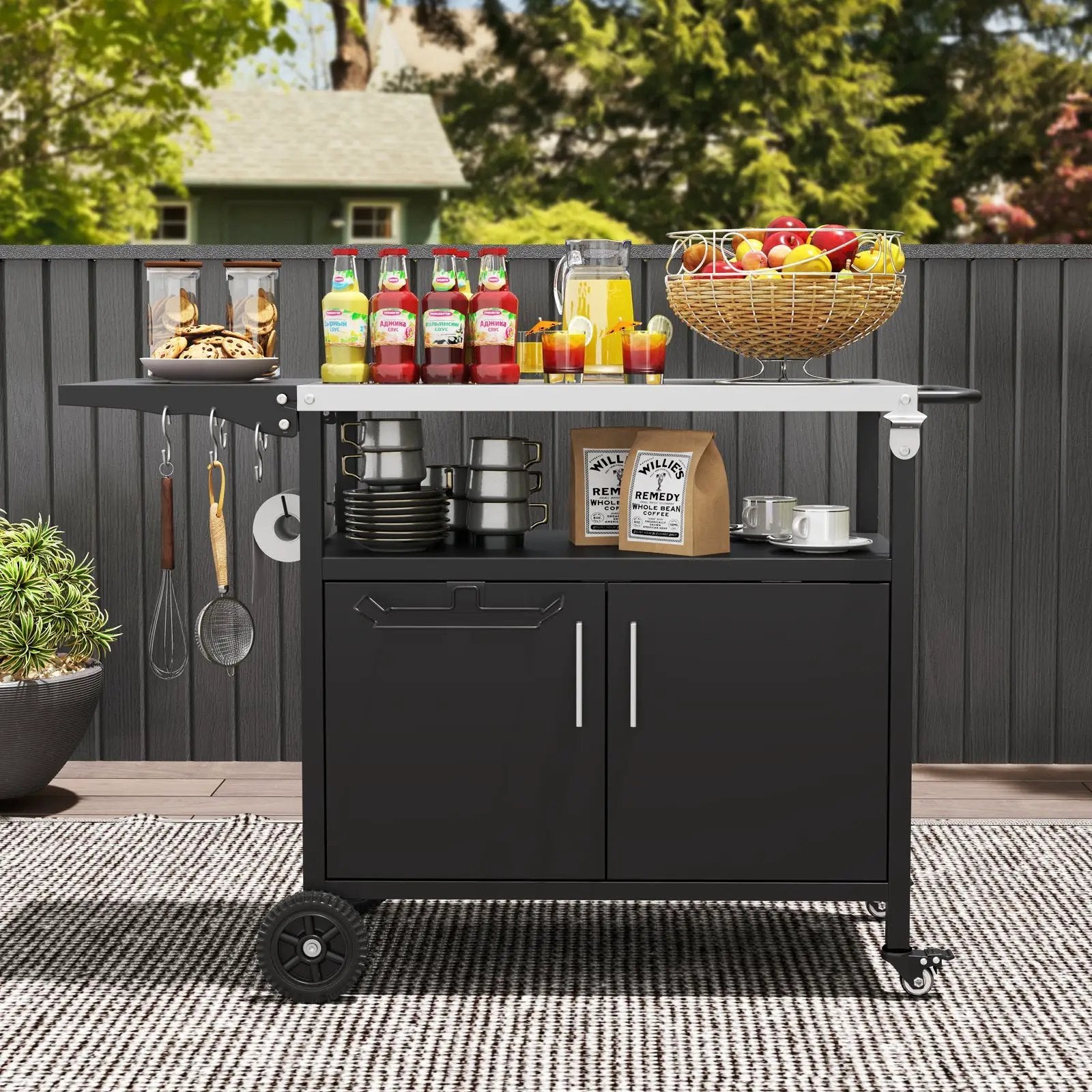 Outdoor Grill Cart with Storage and Folding Stainless Steel Top-Black by DirectDeals