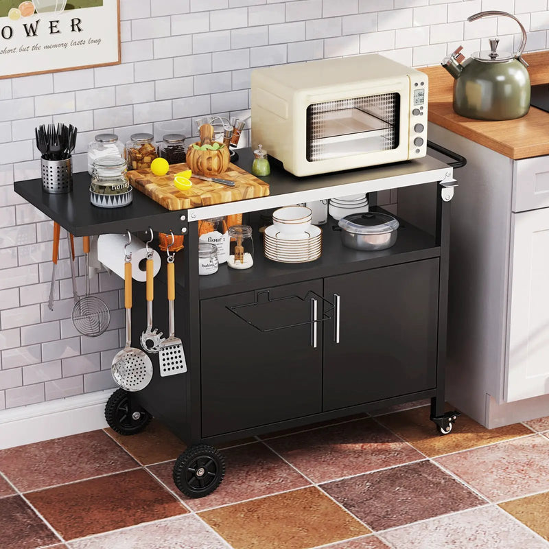 Outdoor Grill Cart with Storage and Folding Stainless Steel Top-Black by DirectDeals
