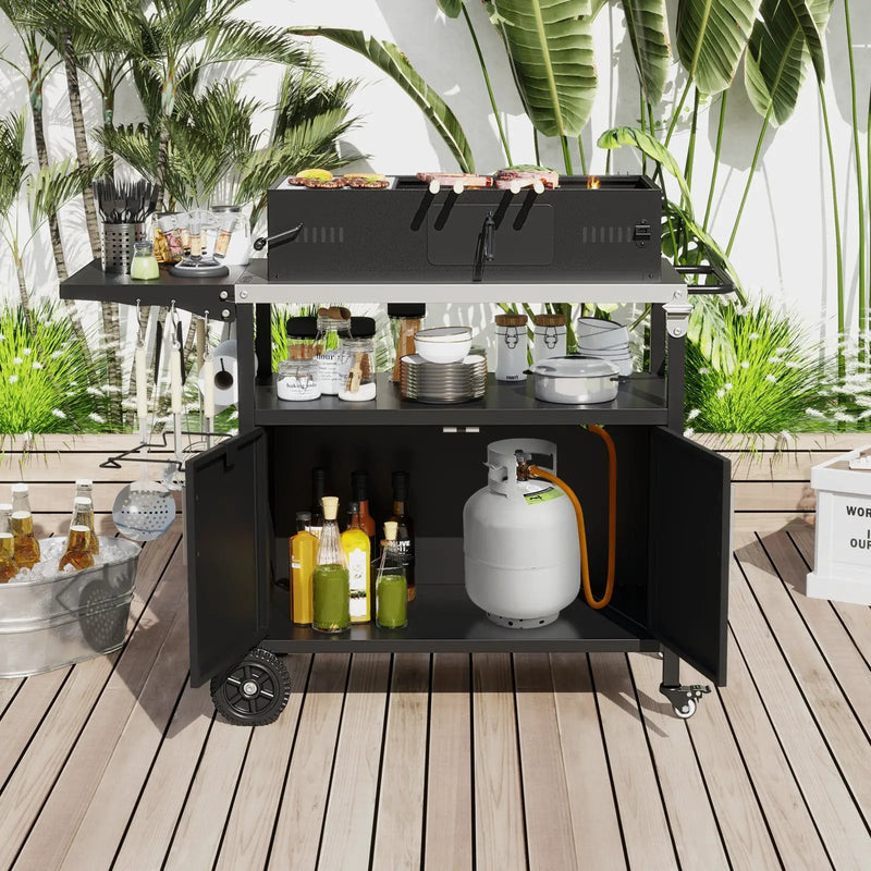 Outdoor Grill Cart with Storage and Folding Stainless Steel Top-Black by DirectDeals