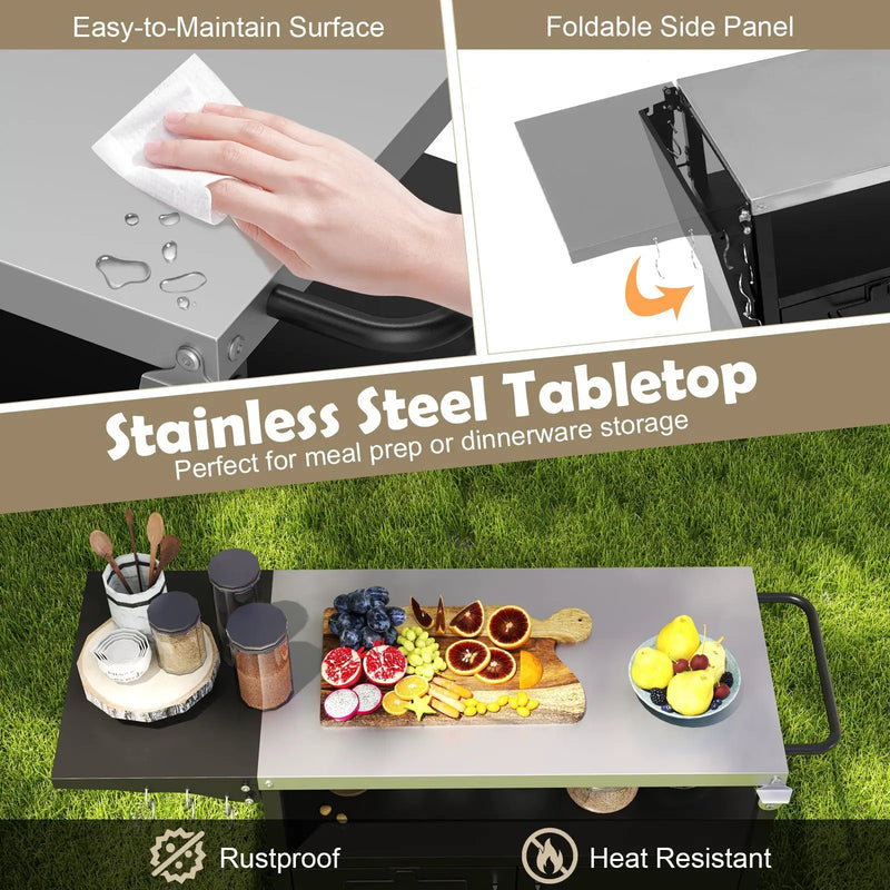 Outdoor Grill Cart with Storage and Folding Stainless Steel Top-Black by DirectDeals