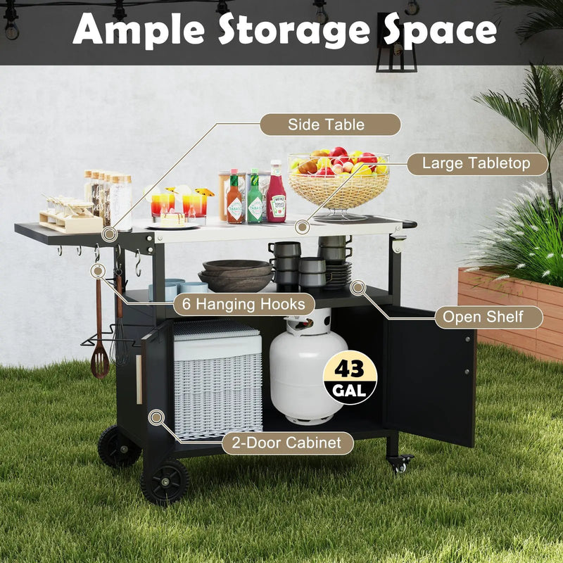 Outdoor Grill Cart with Storage and Folding Stainless Steel Top-Black by DirectDeals