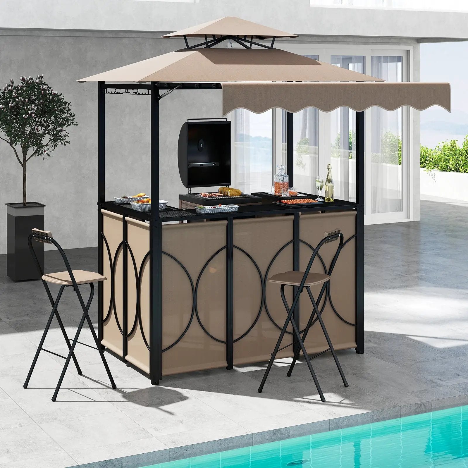 Grill Gazebo with Awning 3-Piece Outdoor BBQ Canopy Double-Tier Soft Top Barbecue Shelter by DirectDeals