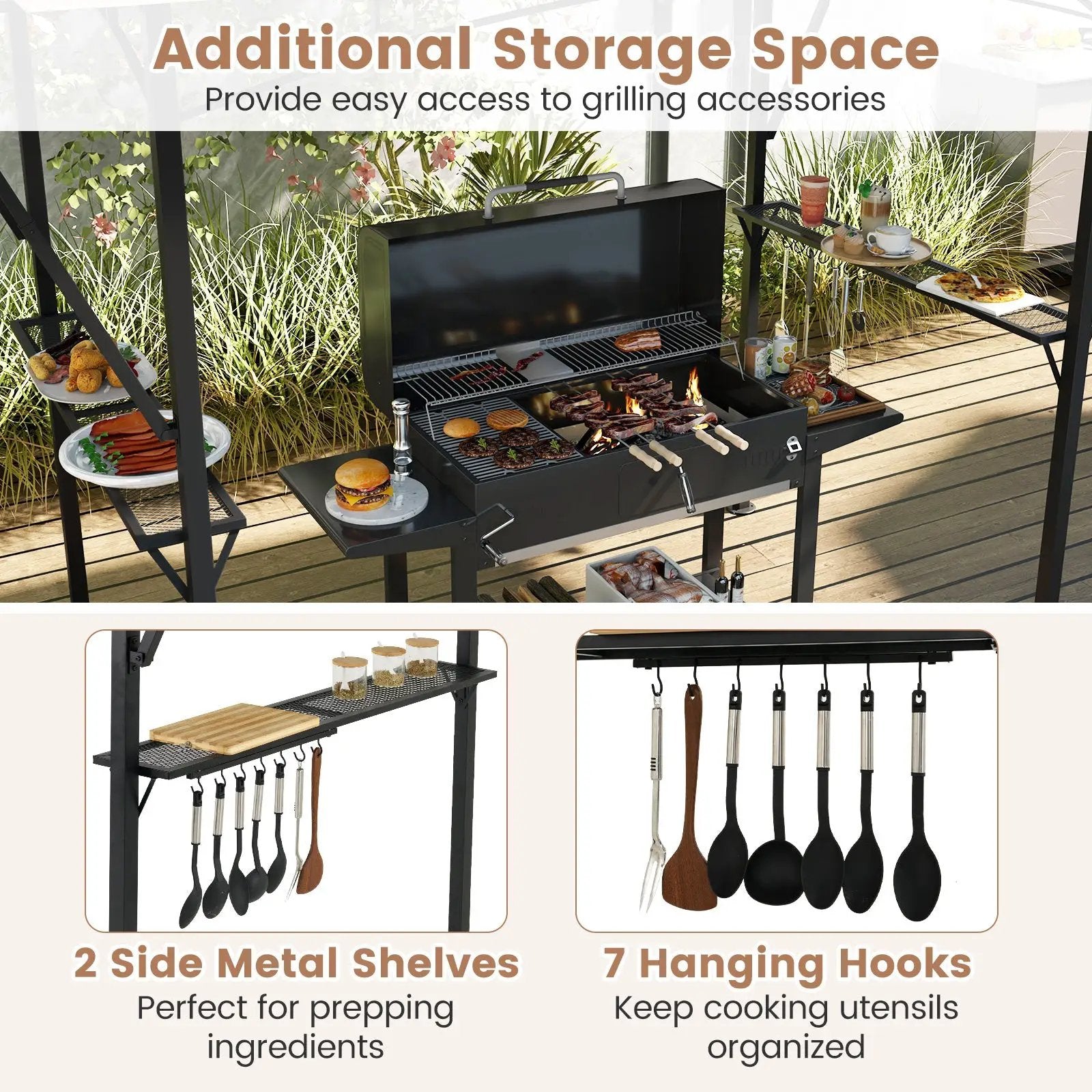 13 x 5 Feet Grill Gazebo with Dual Side Awnings and 2 Shelves Adjustable Shadow by DirectDeals