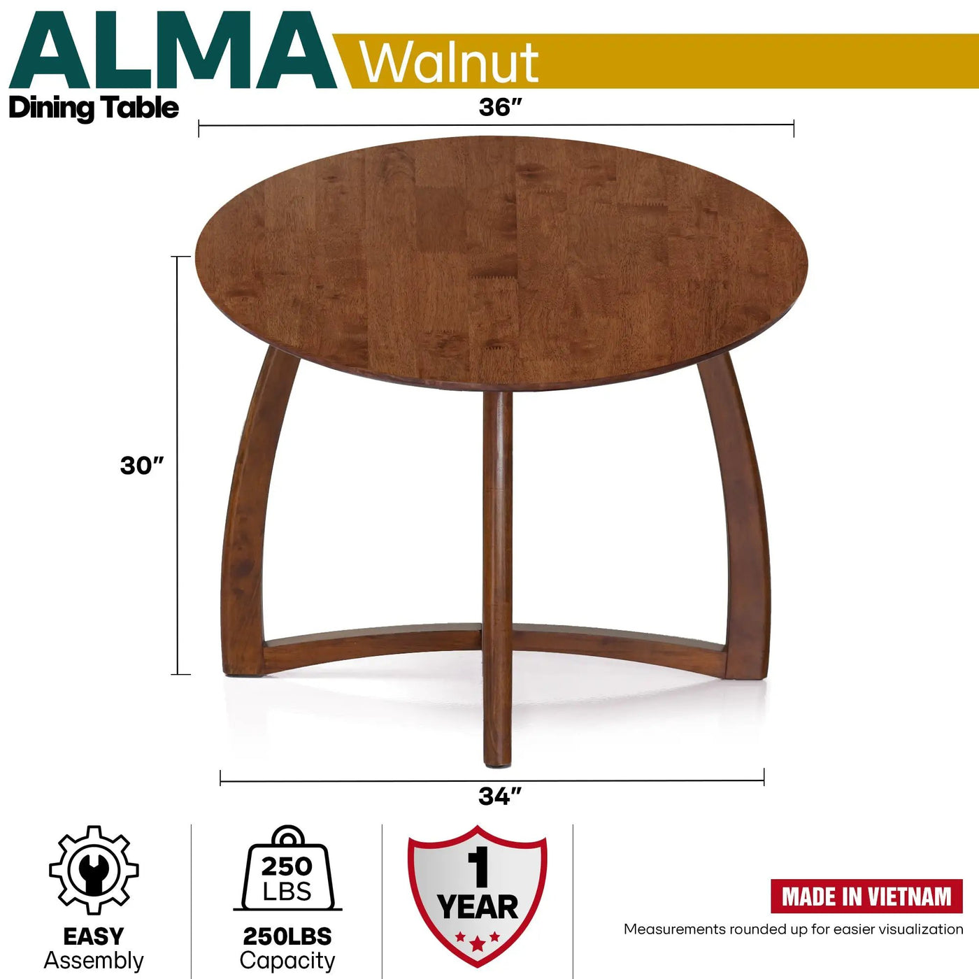 Alma 36 Inches Round Dining Table by Megsu